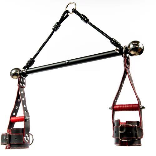 Suspension set with leather wrist cuffs / handcuffs and spreader bar - color red